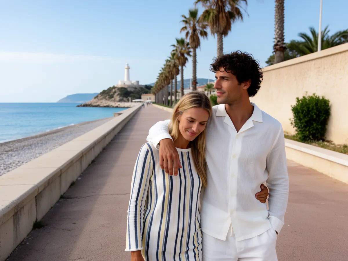 A couple on the seafront promenade at Albir toward the lighthouse headland