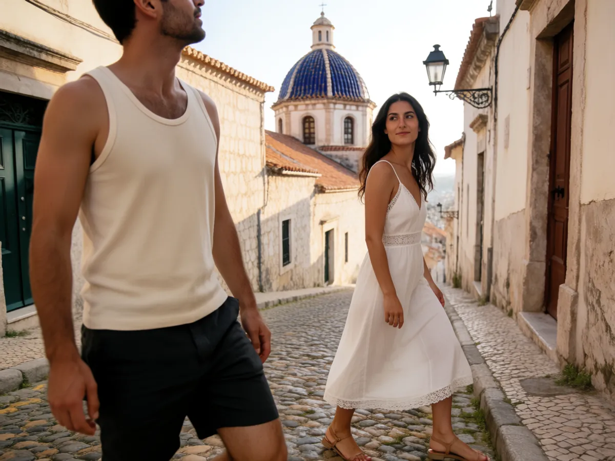 A couple climbing a cobbled old-town street in Altea toward the blue-domed church
