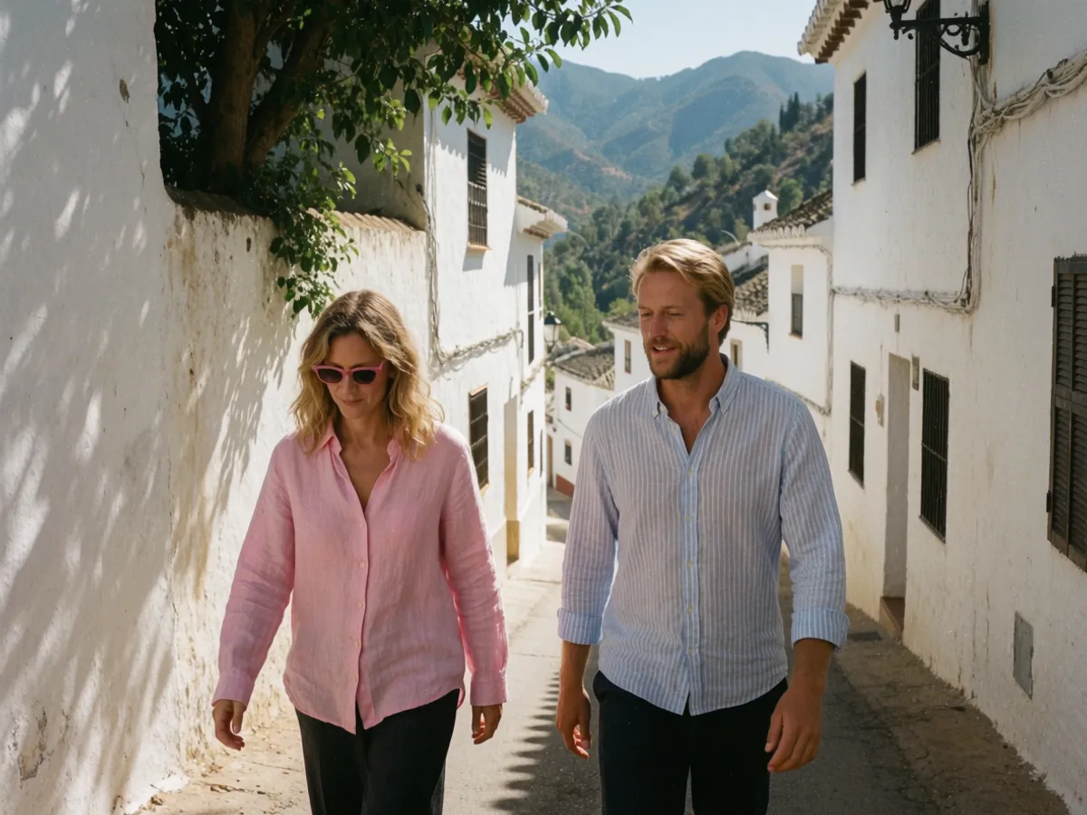 A couple on a quiet village lane in Benahavís in the hills above the coast