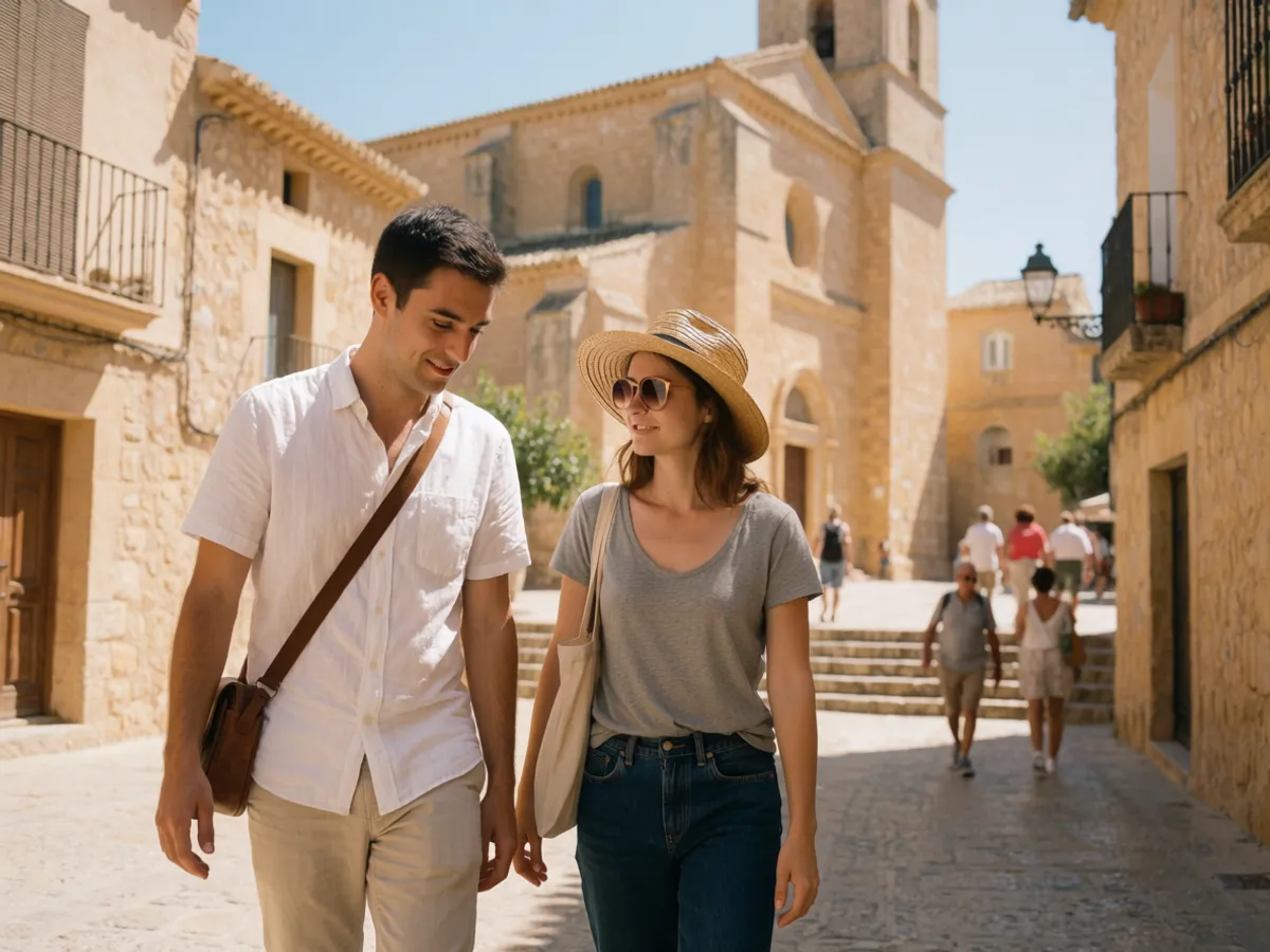 A couple in the stone-built old town of Benissa inland on the Costa Blanca