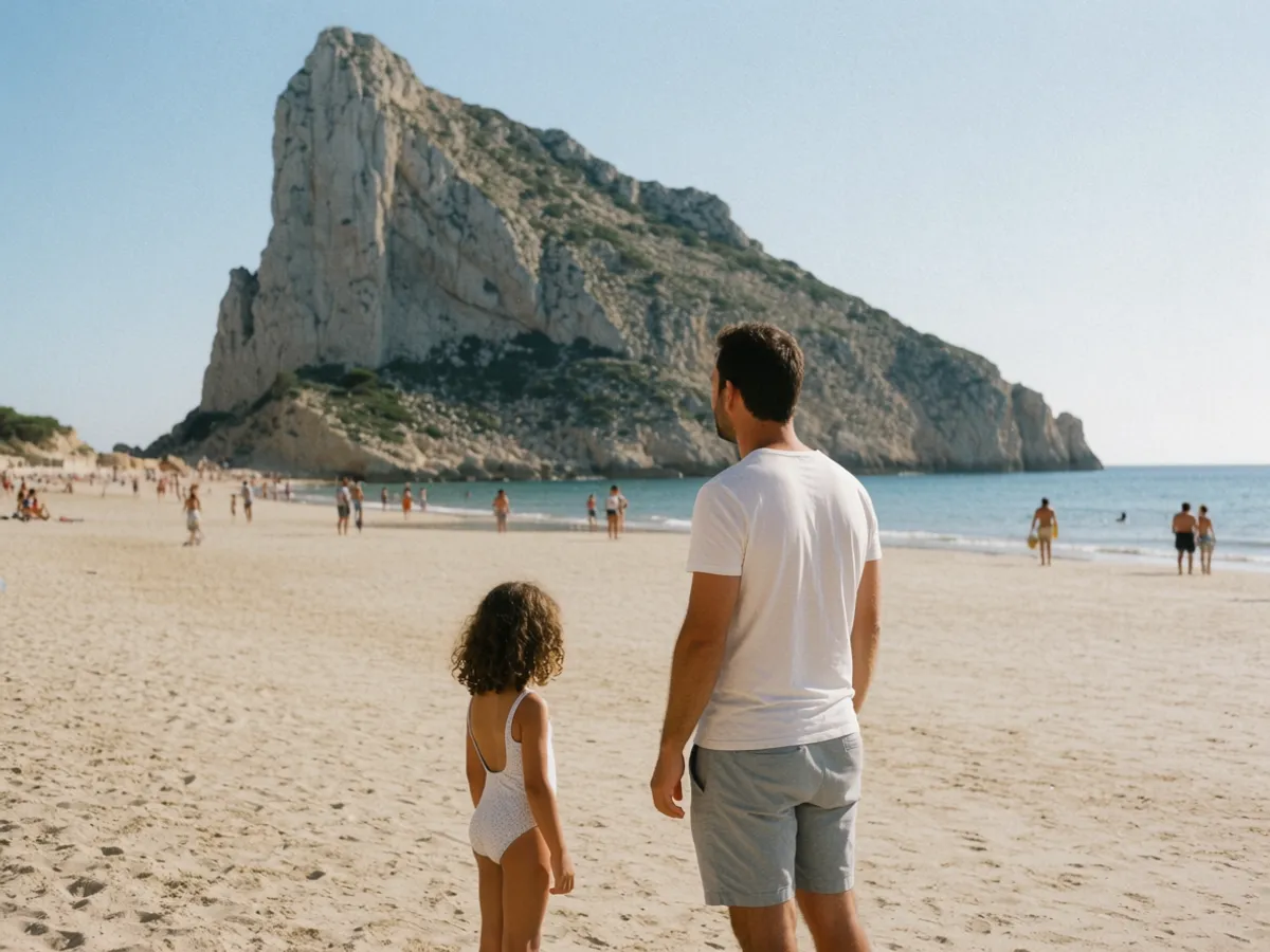 A family on the beach at Calpe below the Peñón de Ifach