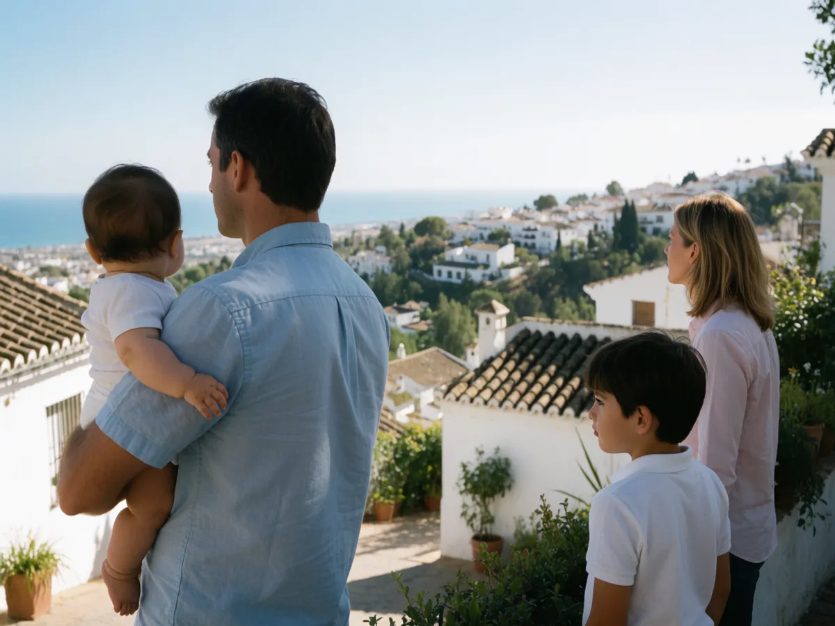 A family at a viewpoint in the whitewashed mountain village of Mijas Pueblo