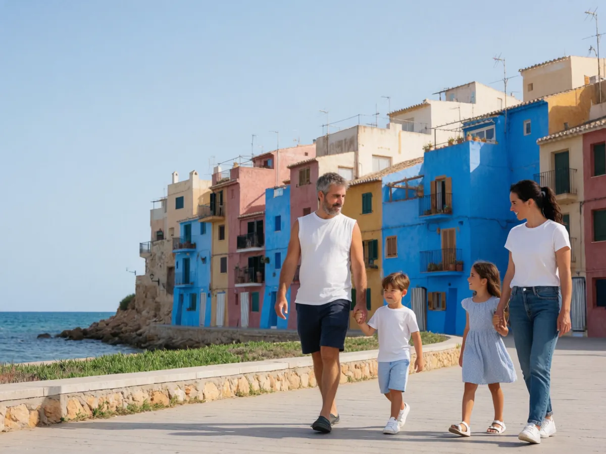 A family walking past the brightly painted seafront houses of Villajoyosa