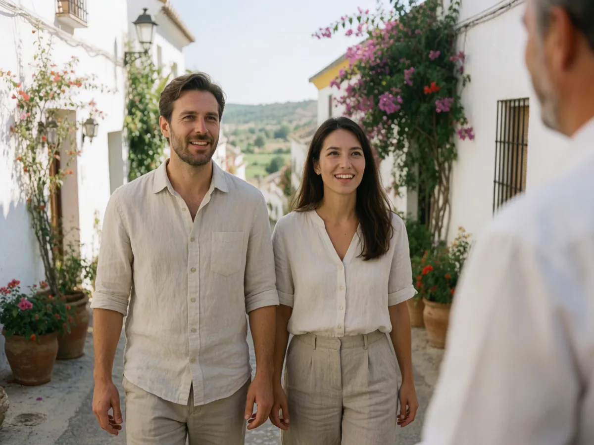 A couple discovering a flower-filled whitewashed Andalusian lane with a local host