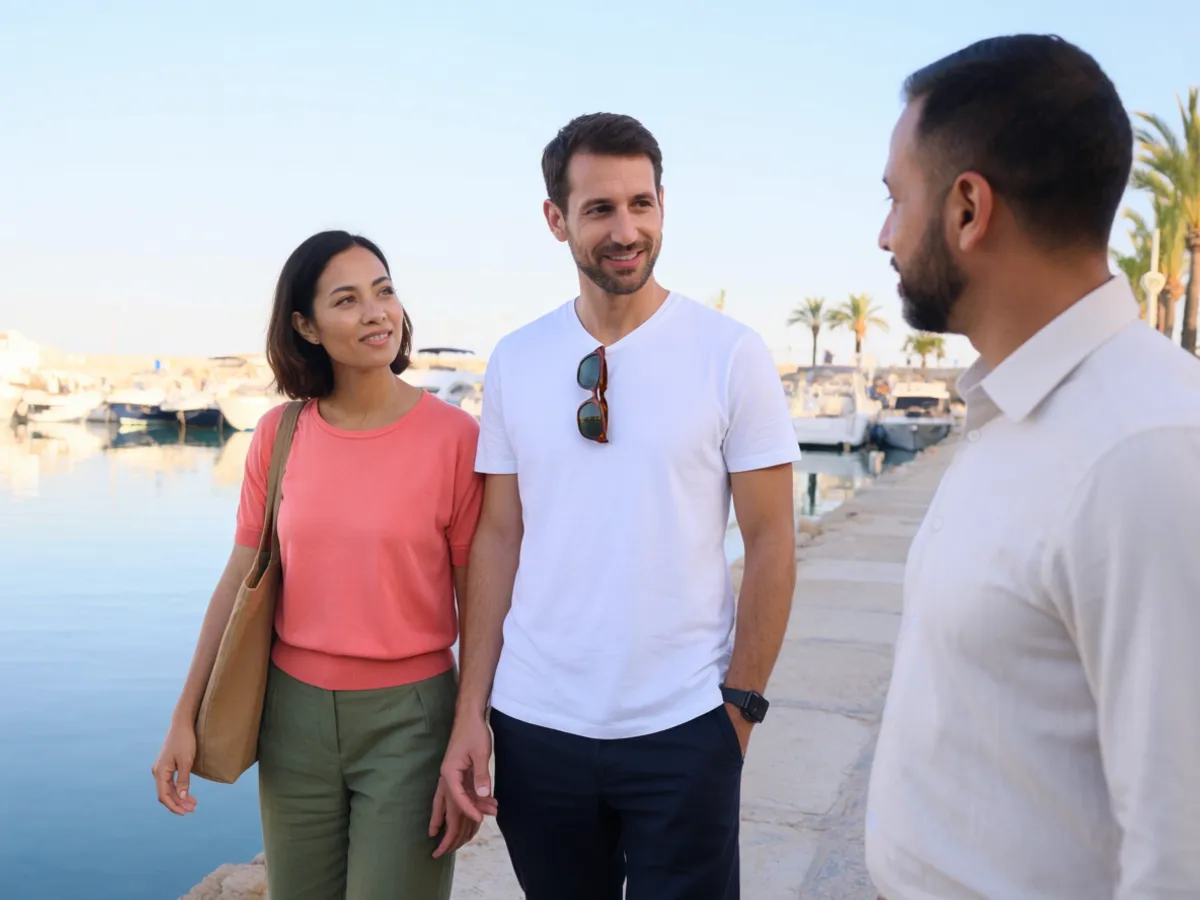 A couple talking with a local host beside a quiet Mediterranean marina