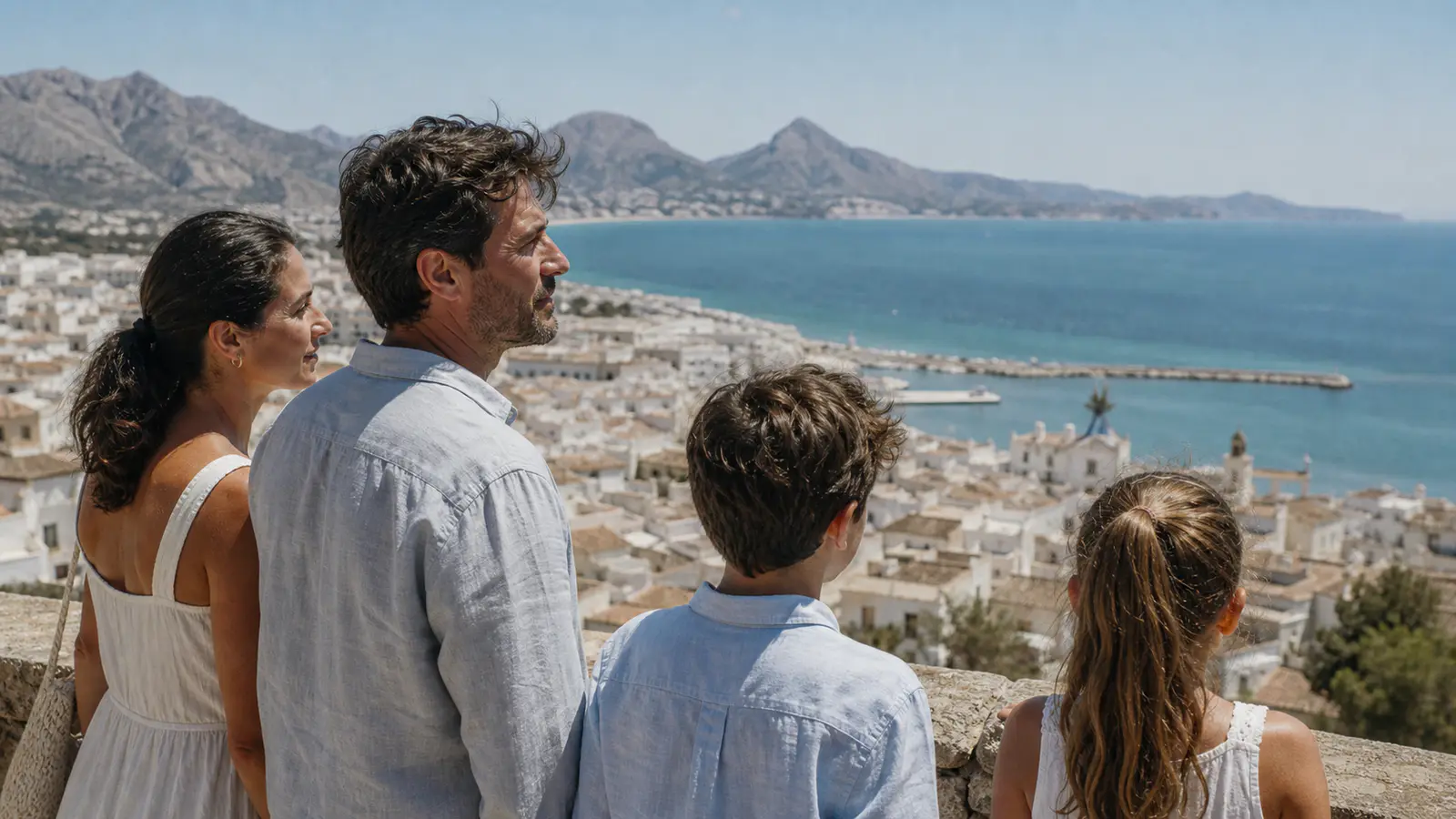 En familie ser ud over en hvidkalket by på Costa Blanca fra et udsigtspunkt ved kysten