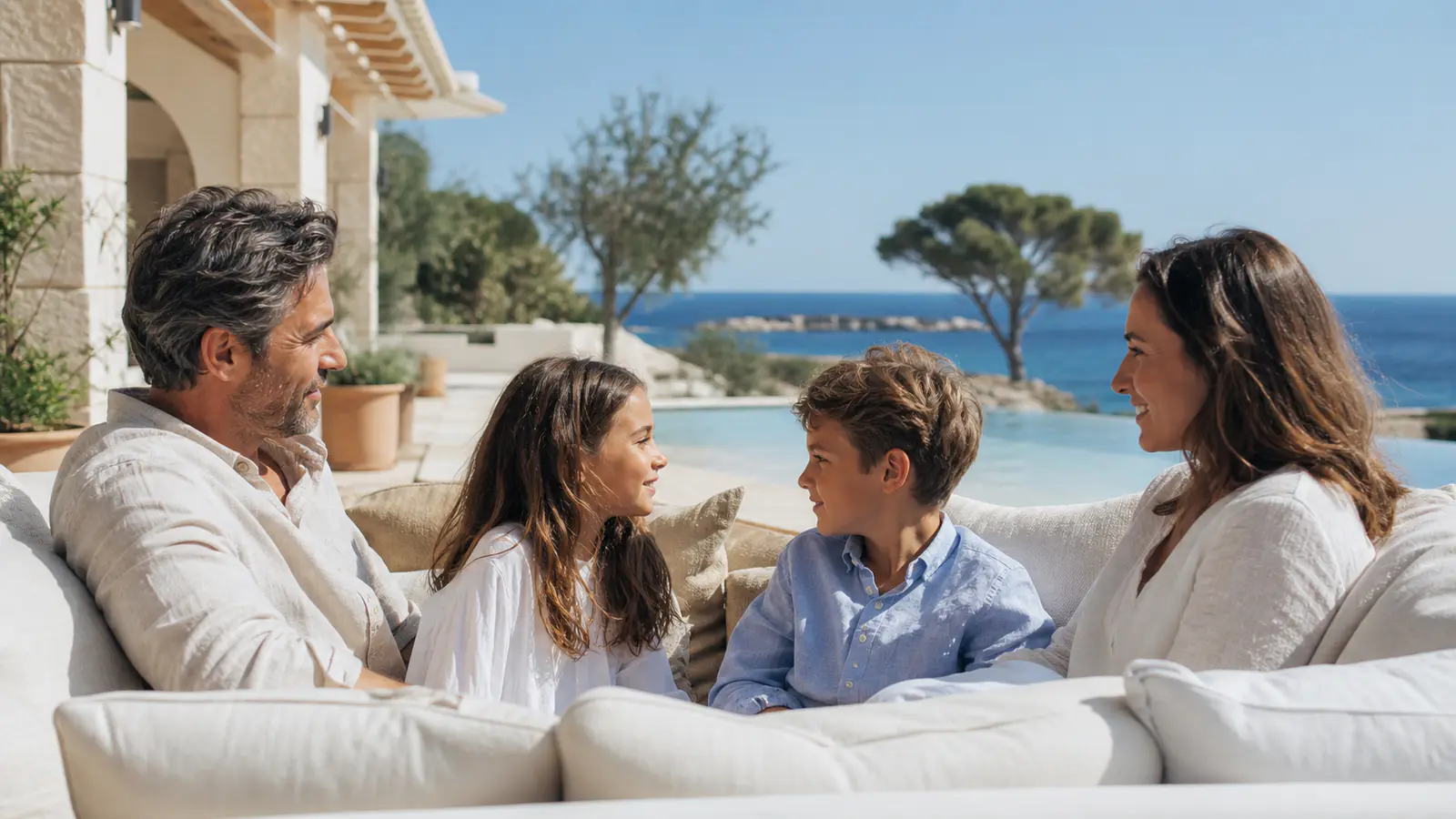 A family relaxing together on a broad villa terrace overlooking the sea