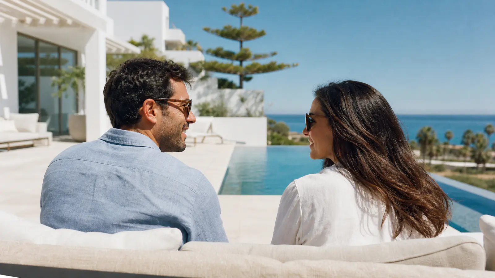 Una pareja descansando en la terraza de una vivienda moderna en la Costa del Sol