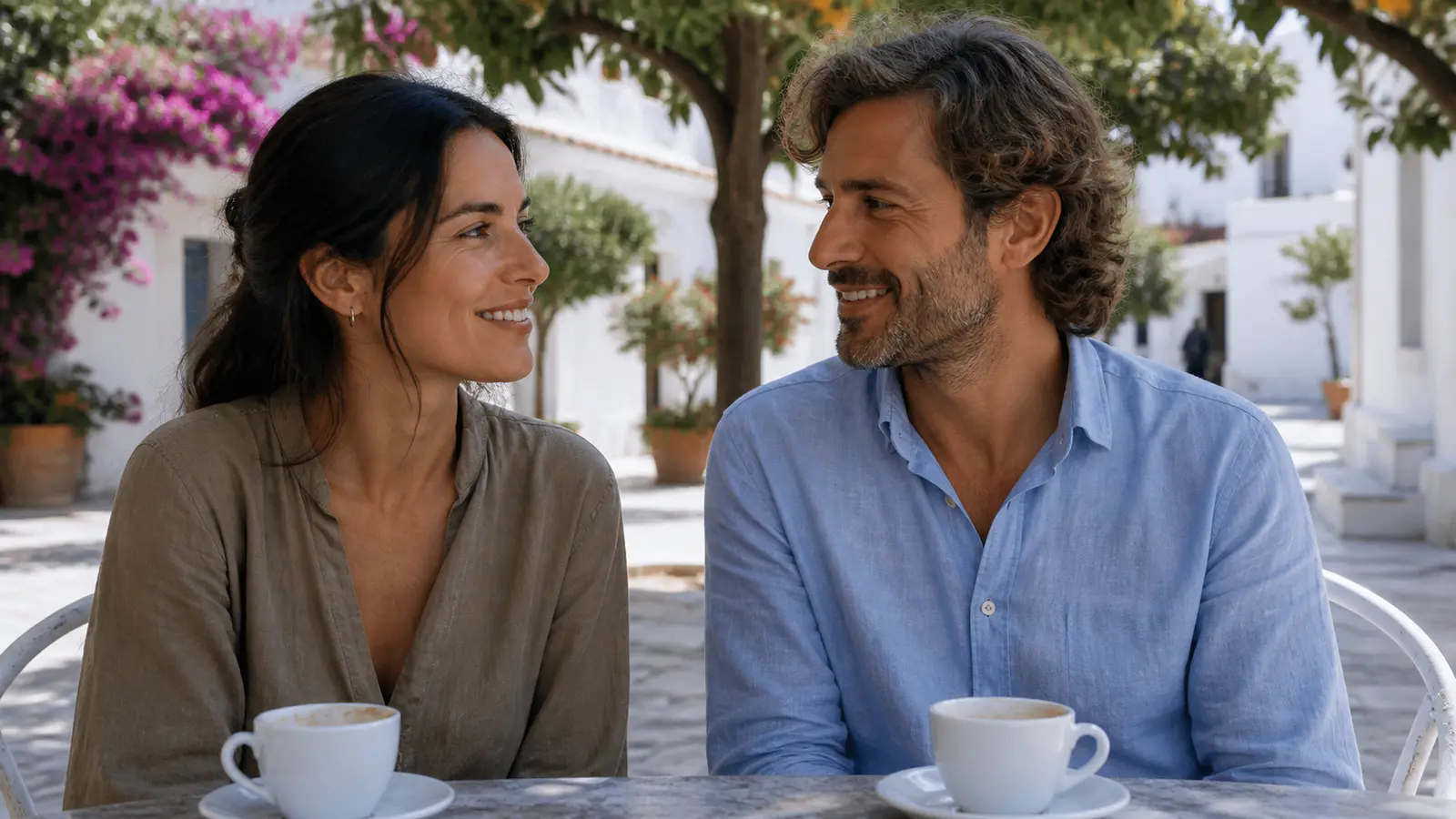 Een stel dat ontspant bij een beschut café in de oude stad aan de Costa Blanca