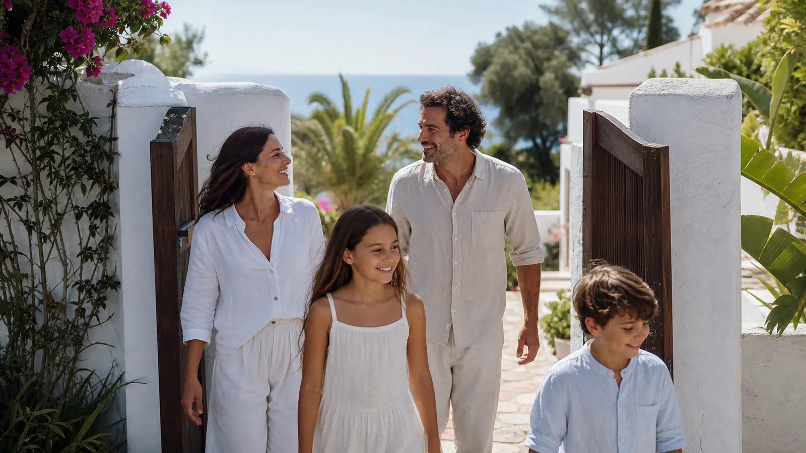 A family arriving through the gate of a whitewashed villa on the Costa del Sol