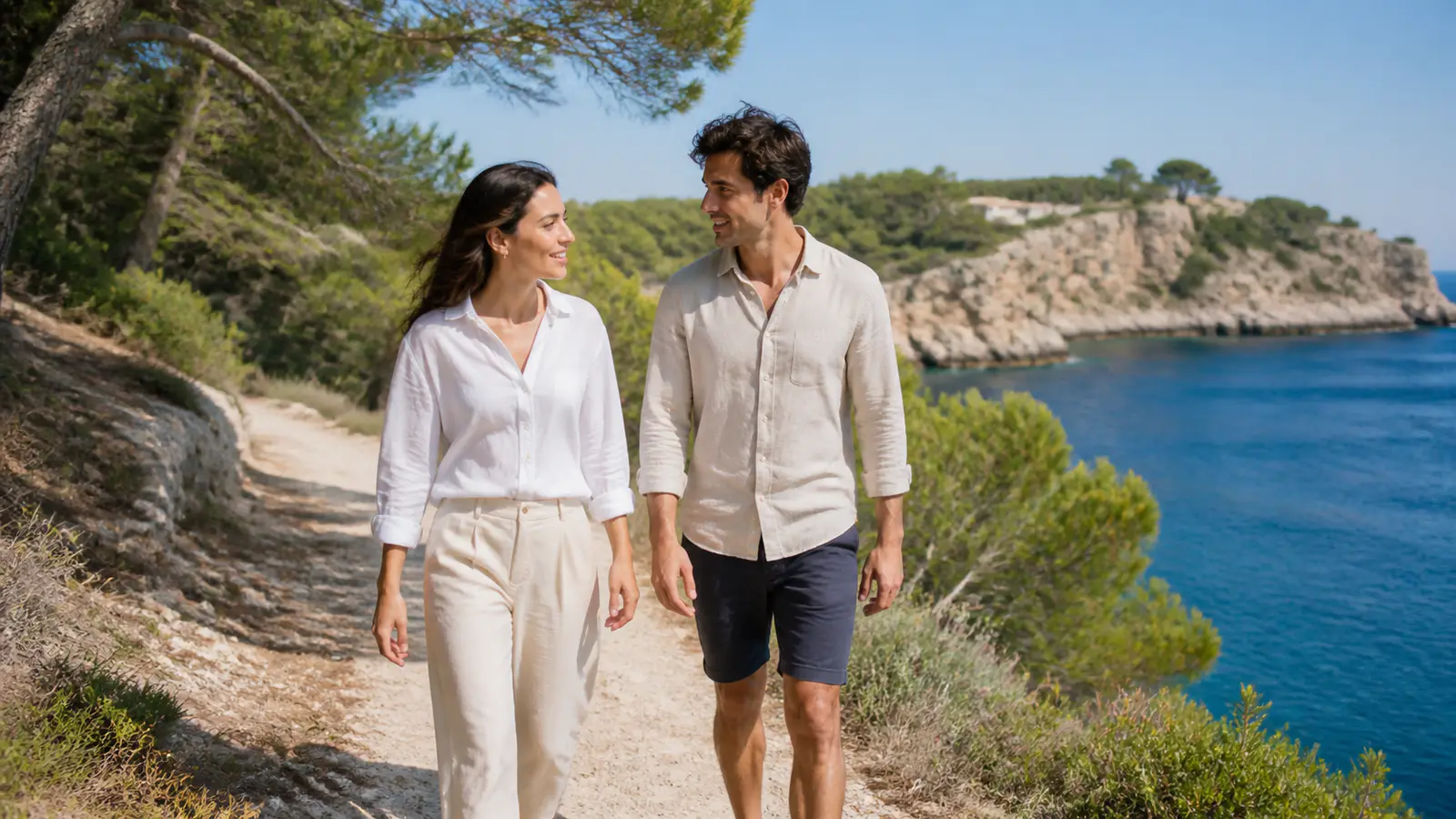 A couple walking an unhurried coastal path above the Mediterranean