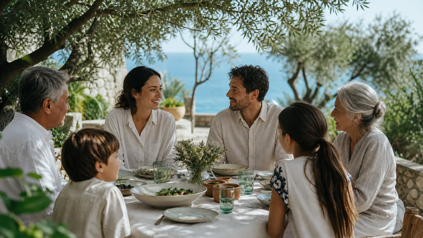 Three generations sharing a long lunch beneath olive trees in southern Spain