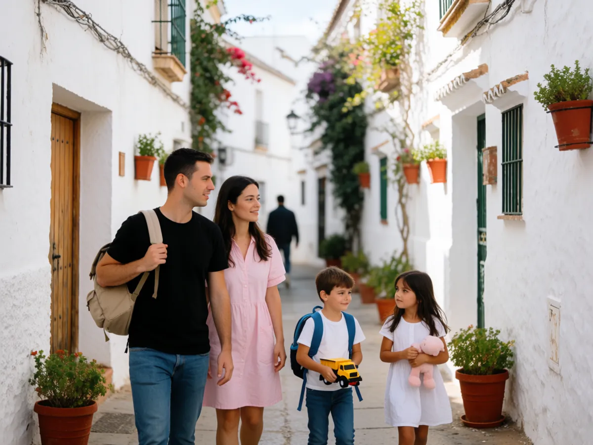 En familie går i en hvidkalket gade i den gamle bydel i Estepona på Costa del Sol