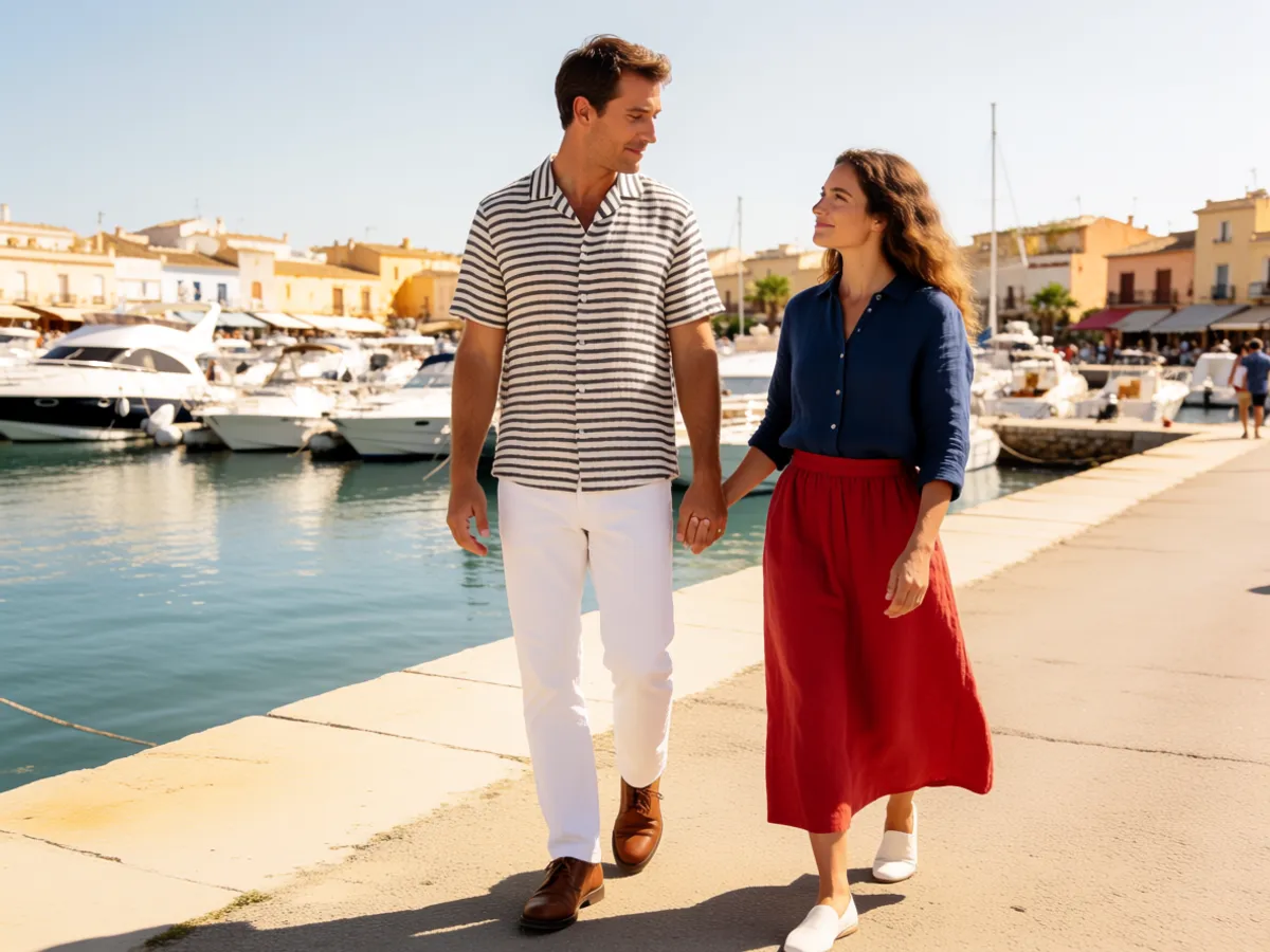 A reassured couple walking close together along a calm marina promenade