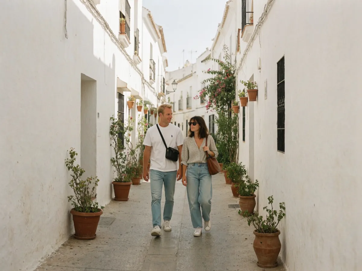 A couple getting to know a whitewashed old-town neighbourhood on the Costa del Sol