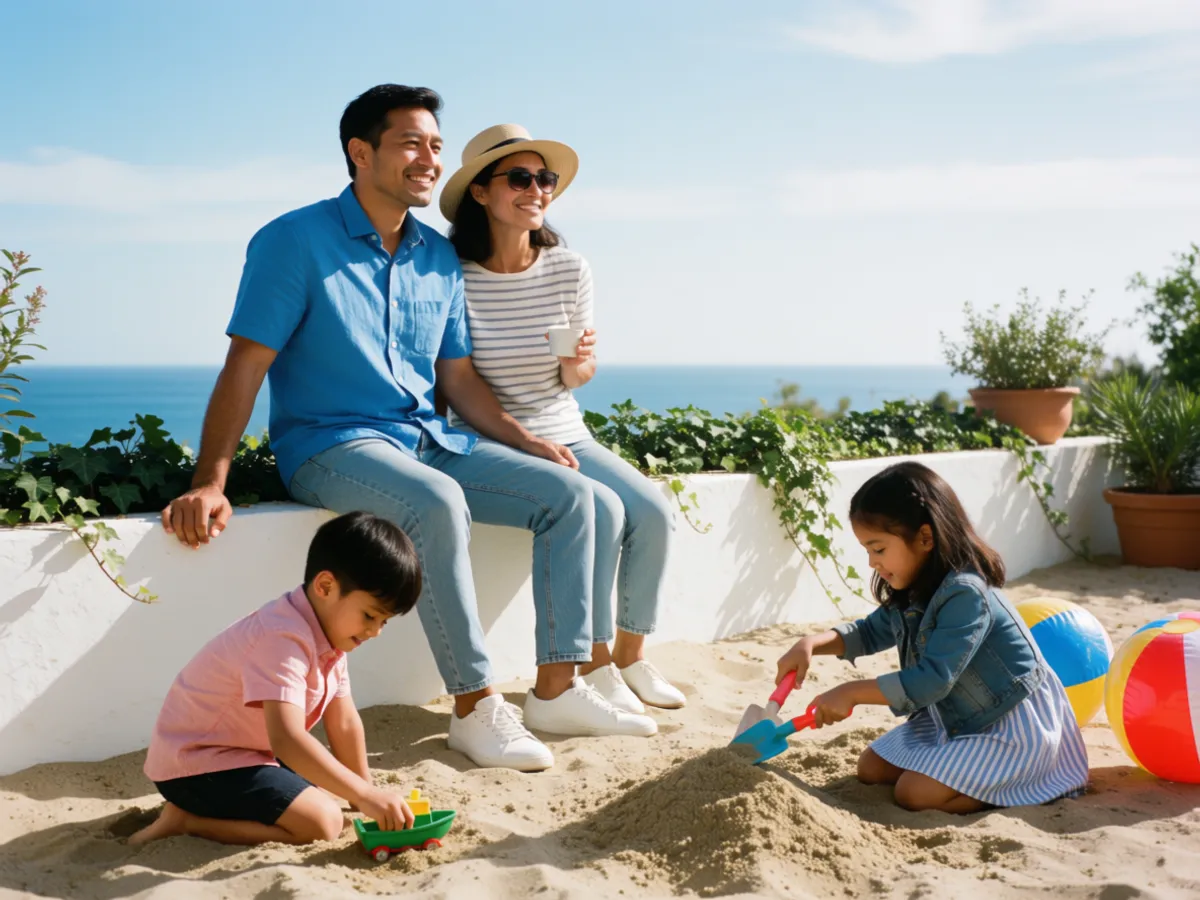 A family relaxed together on the terrace of their new coastal home